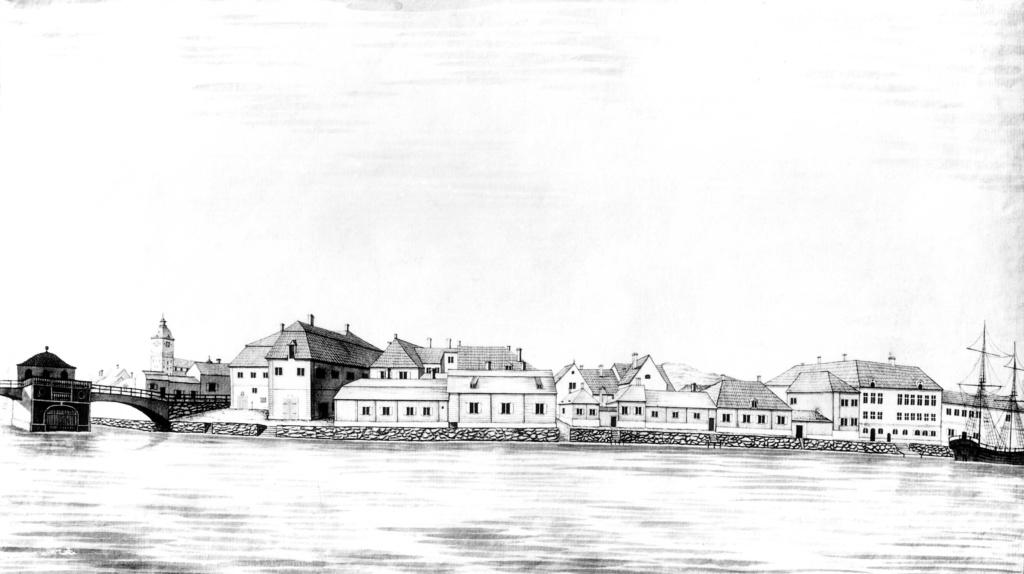 Aurajoen itärantaa vuonna 1794. Kuva Tussilaveeraus C. P. Hällström, 1790-luku. Nordiska Museet/Turun museokeskus.