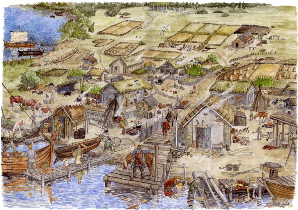 Vesivärityönä tehty kuvitteellinen piirros Varikonniemen muinaisesta asutuksesta ja asukkaista. Muinaisia ihmisiä, rakennuksia, eläimiä ja peltoja, ranta- ja kalastustoimintoja.