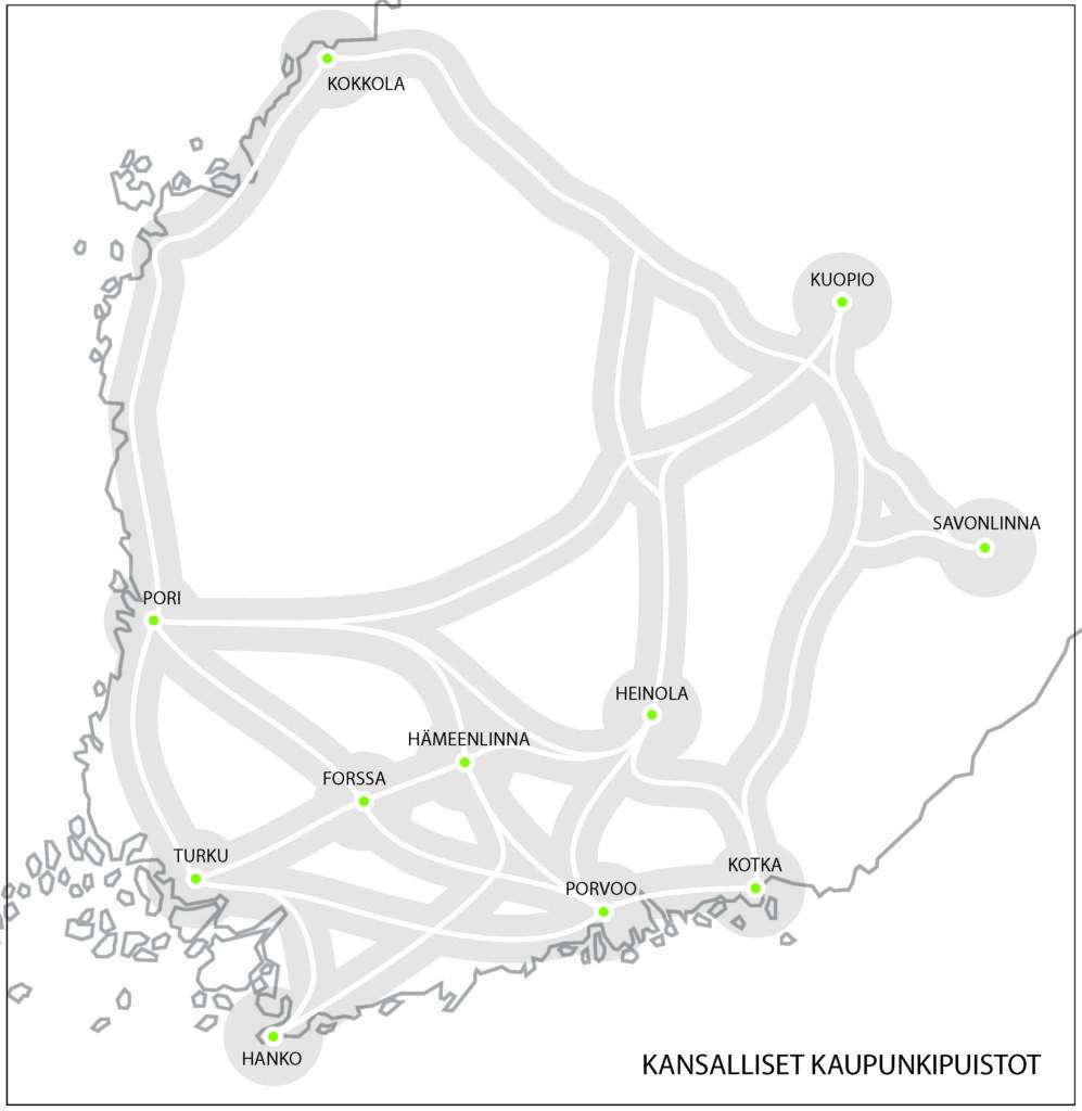 Kaupunkipuistojen verkosto, kaupungit Suomen kartalla